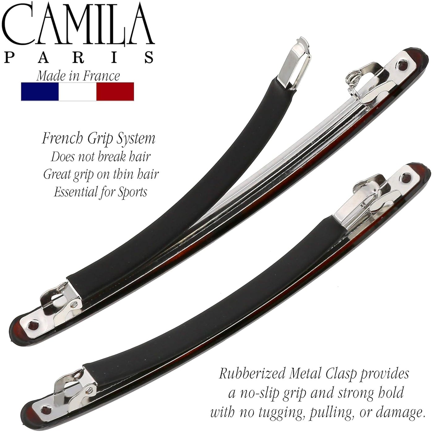 Camila Paris CP2849 French Hair Barrette Large Tortoise Shell, Long Skinny Strong Hold Grip Hair Clips for Women, Thin Rubberized Automatic Clasp No Slip Styling Girls Hair Accessories, Made in France