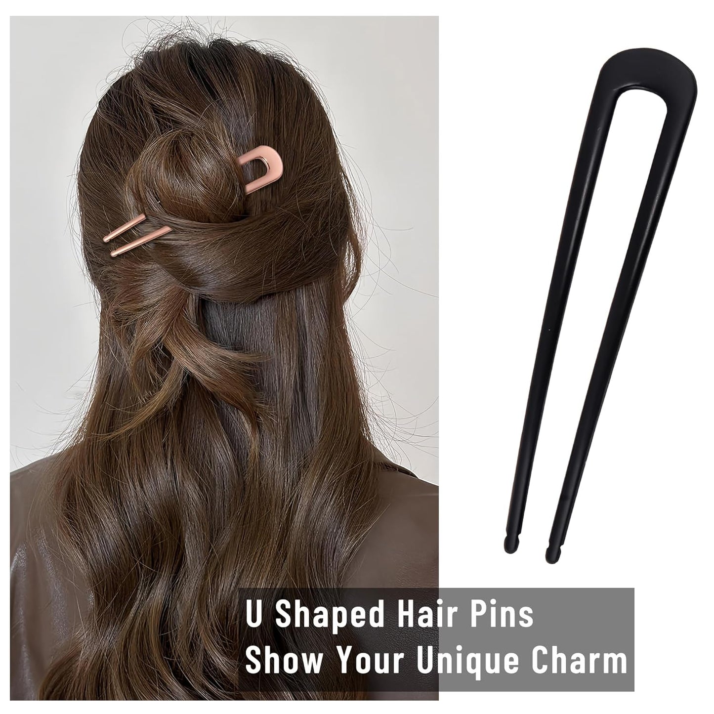 6Pcs Metal French Hair Pins for Women U Shape Sticks 3.9 Inch Vintage Fork for Hairstyle Accessories(Black/Rosegold/Silver)