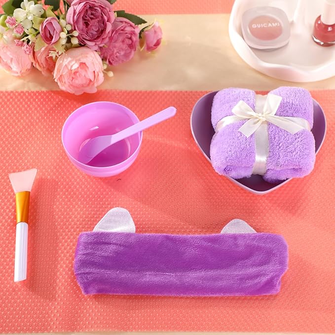 48 Pcs Spa Party Supplies for Women Face Mask Mixing Bowl Spa Towel Heart Bowl Stick Spatulas for Sleepover Party(Purple)