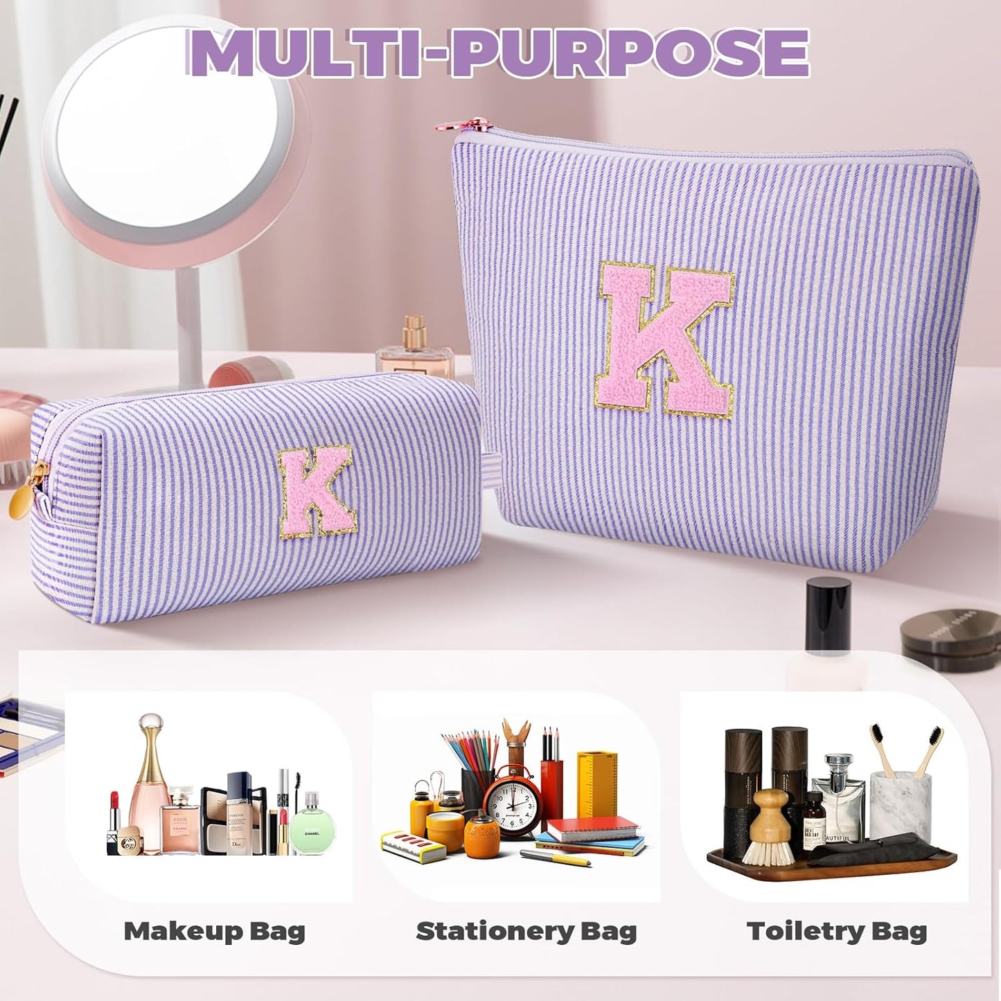 Monogrammed Gifts for Women - Cosmetic Bag for Teen,Initial Cute Makeup Bag Set for Women,Trendy Pouch for Niece Sister Friend Female Her,Birthday Gifts for Daughter - Lavender,K