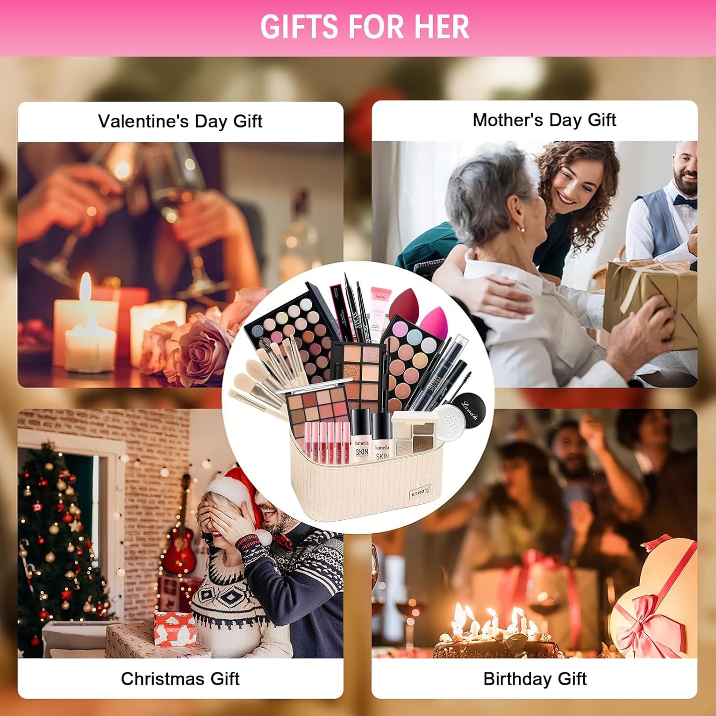 All in One Makeup Kit for Women Full Kit, Makeup Gift Sets for Women Teens Girls, Makeup Essential Bundle Includes Eyeshadow Palette Foundation Eyeliner Contour Stick Lip Gloss Cosmetic Brush Set