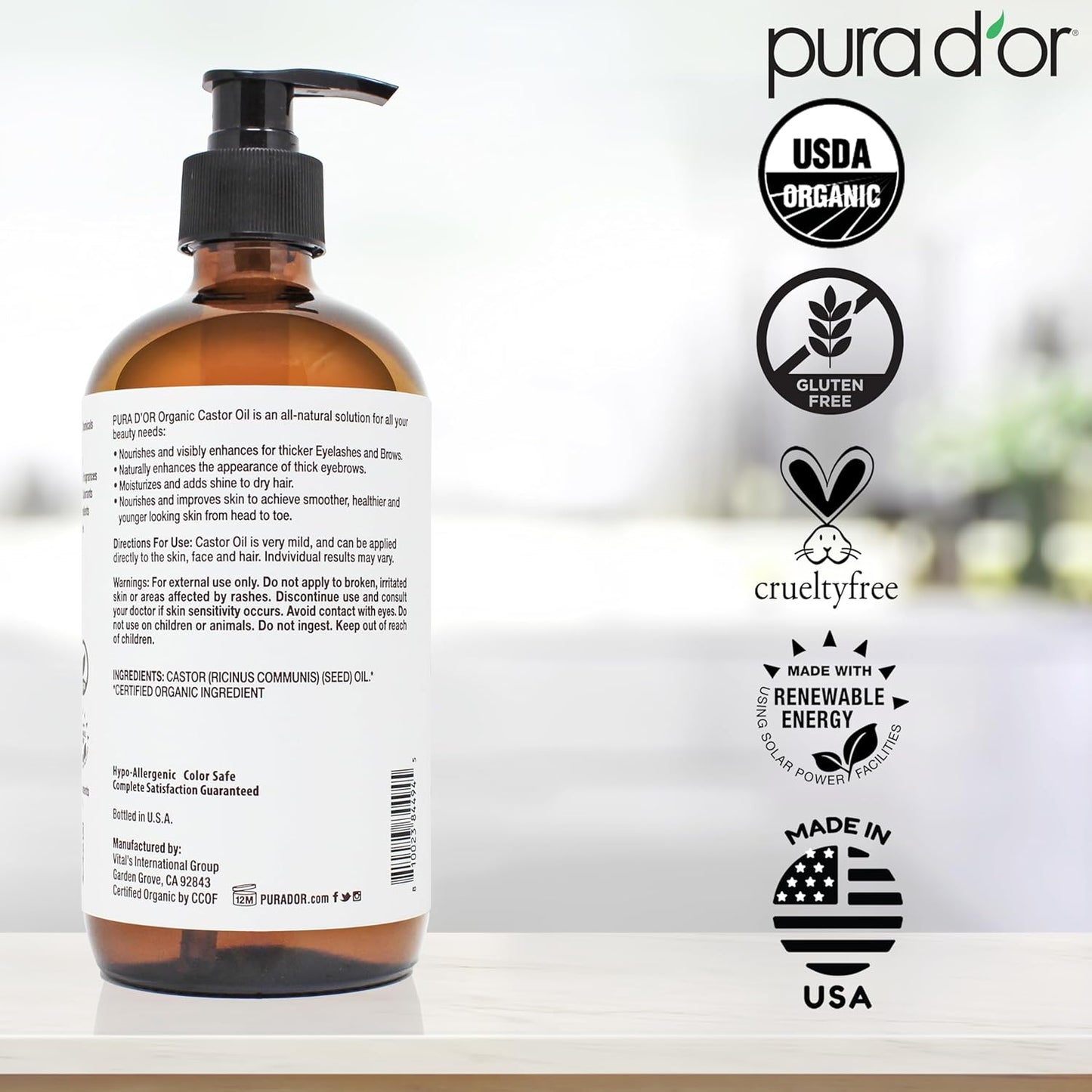 PURA D'OR 16.9 Oz ORGANIC Castor Oil (GLASS BOTTLE) 100% Pure USDA Certified Cold Pressed, Hexane Free Eyelash & Eyebrow Serum - For Fuller, Thicker Lashes & Brows - Skin & Hair Moisturizer