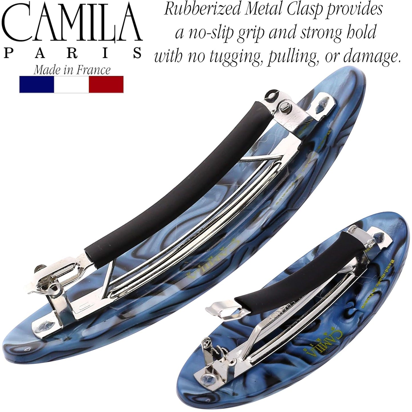 Camila Paris CP2984 French Hair Barrette Clip Handmade Oval Blue, Strong Hold Grip Hair Clips for Women, No Slip Rubberized Metal Closure, Durable Styling Girls Hair Accessories, Made in France