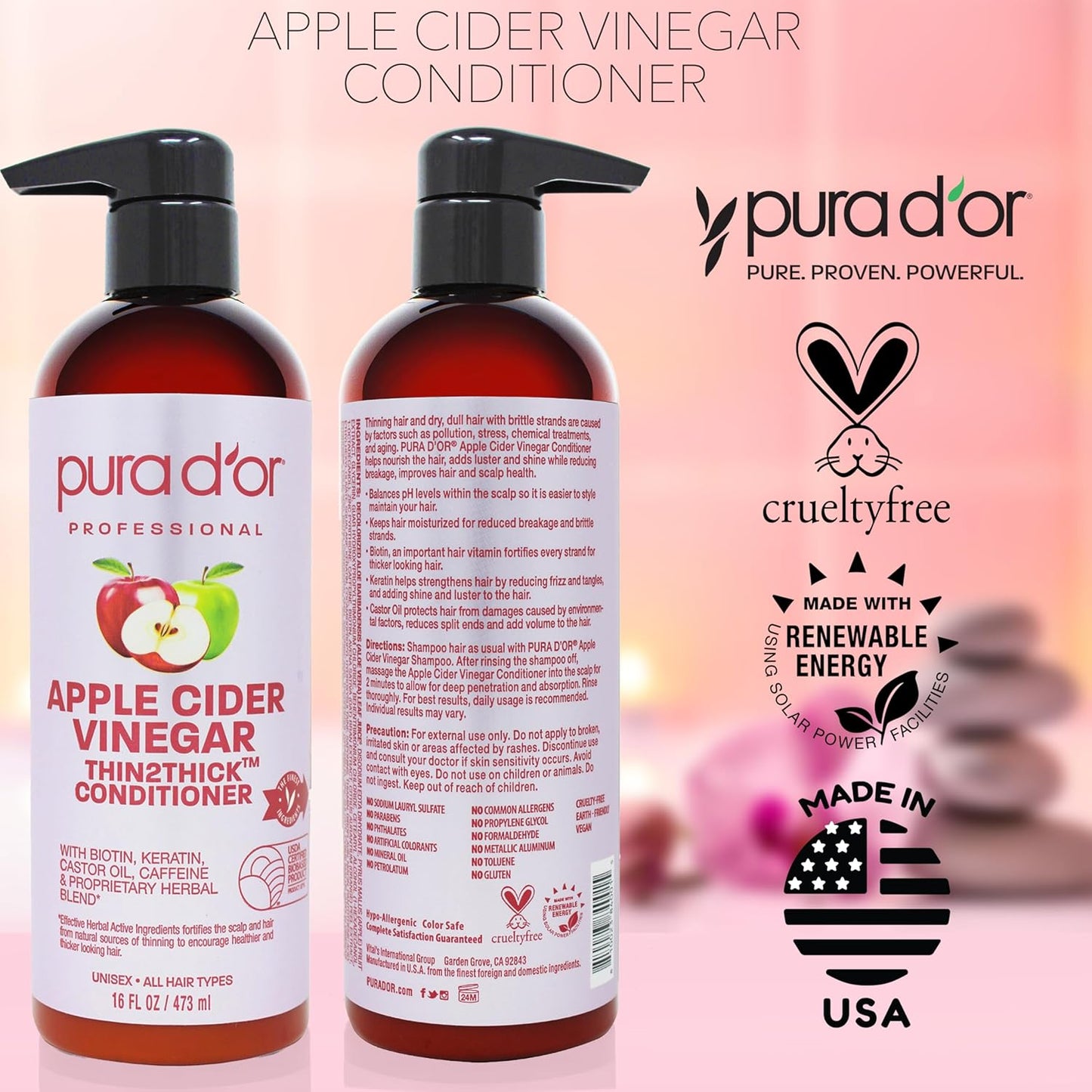 PURA D'OR 16 Oz Apple Cider Vinegar Thin2Thick Conditioner - Biotin, Keratin, Caffeine, Castor Oil & Key Active Ingredients for All Hair Types, Men & Women