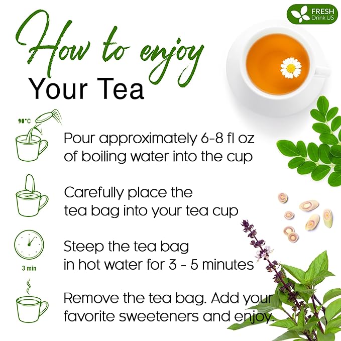 FreshDrinkUS, Premium 30 Tea Bags Tulsi Moringa Lemongrass, 100% Natural & Pure from Tulsi Holy Basil Leaves, Moringa & Lemongrass. Made with Natural Material Tea Bags. No Sugar, No Caffeine, Vegan.