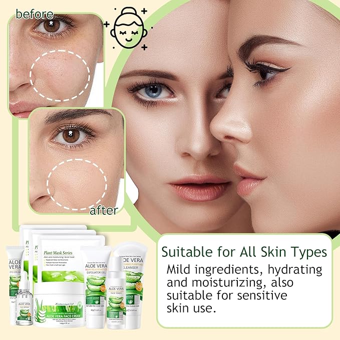 Aloe Vera Skincare Set,Hydrating Travel Size Face Wash,Moisturizing Face Toner & Face Serum & Face Cream,Eye Cream Skin Care Gift Set for Women(9PCS)