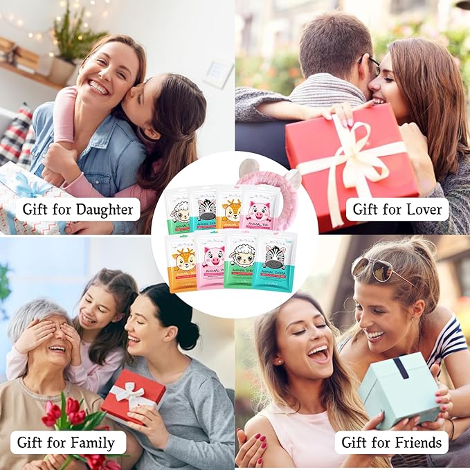 8pcs Animal Character Sheet Facial Masks - Face Masks Skincare Korean - Hydrating Face Masks - Korean Skin Care Mask - Hydrate,Soothe,Firm -Teen Girl Gift Easter Gifts for Women with Bunny Headband