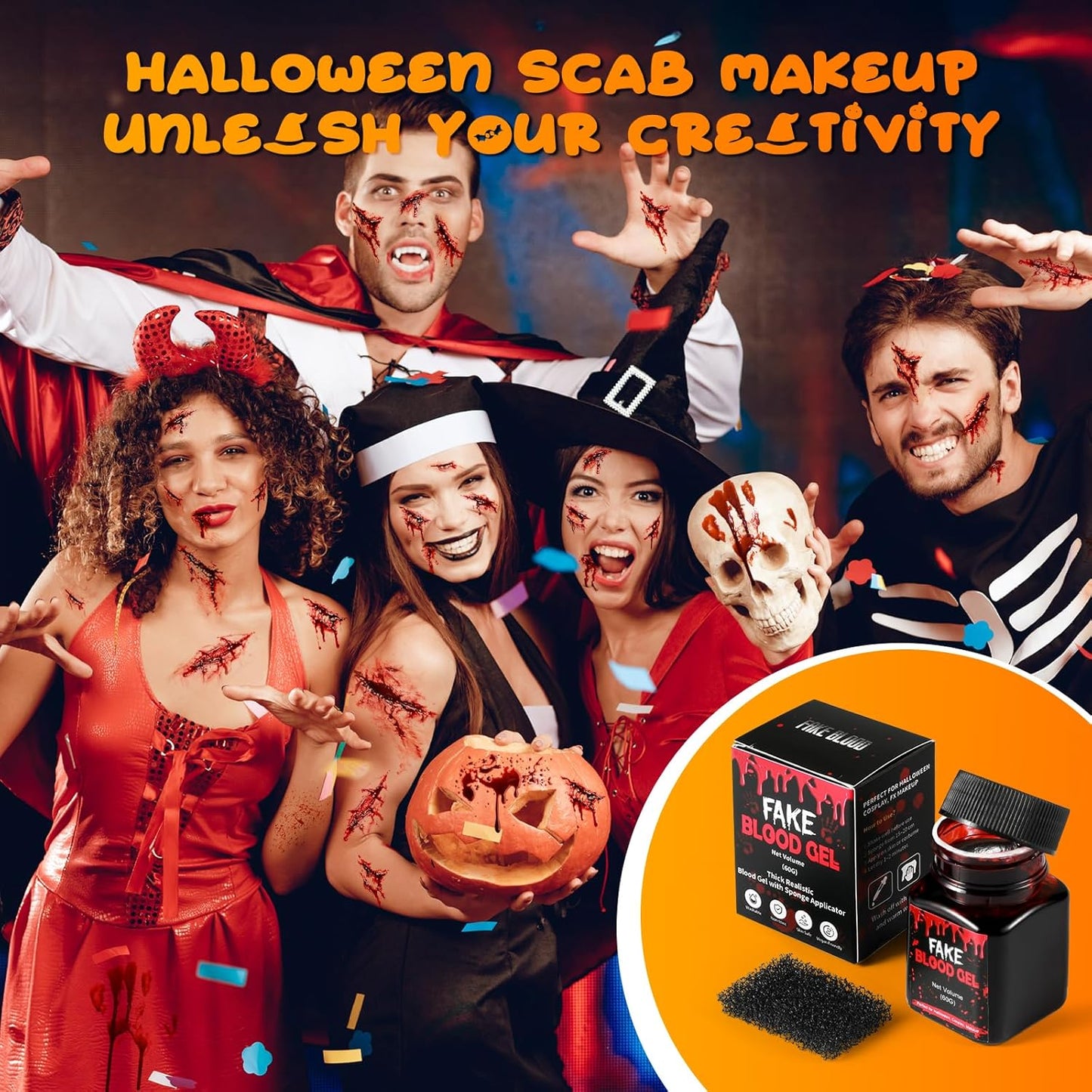 Halloween Scab Blood Gel, 60g Coagulated Blood Makeup with Sponge for Realistic Wounds, Cuts, SFX FX Makeup, Vampire Zombie Monster Cosplay, Scab Blood SFX for Face & Body