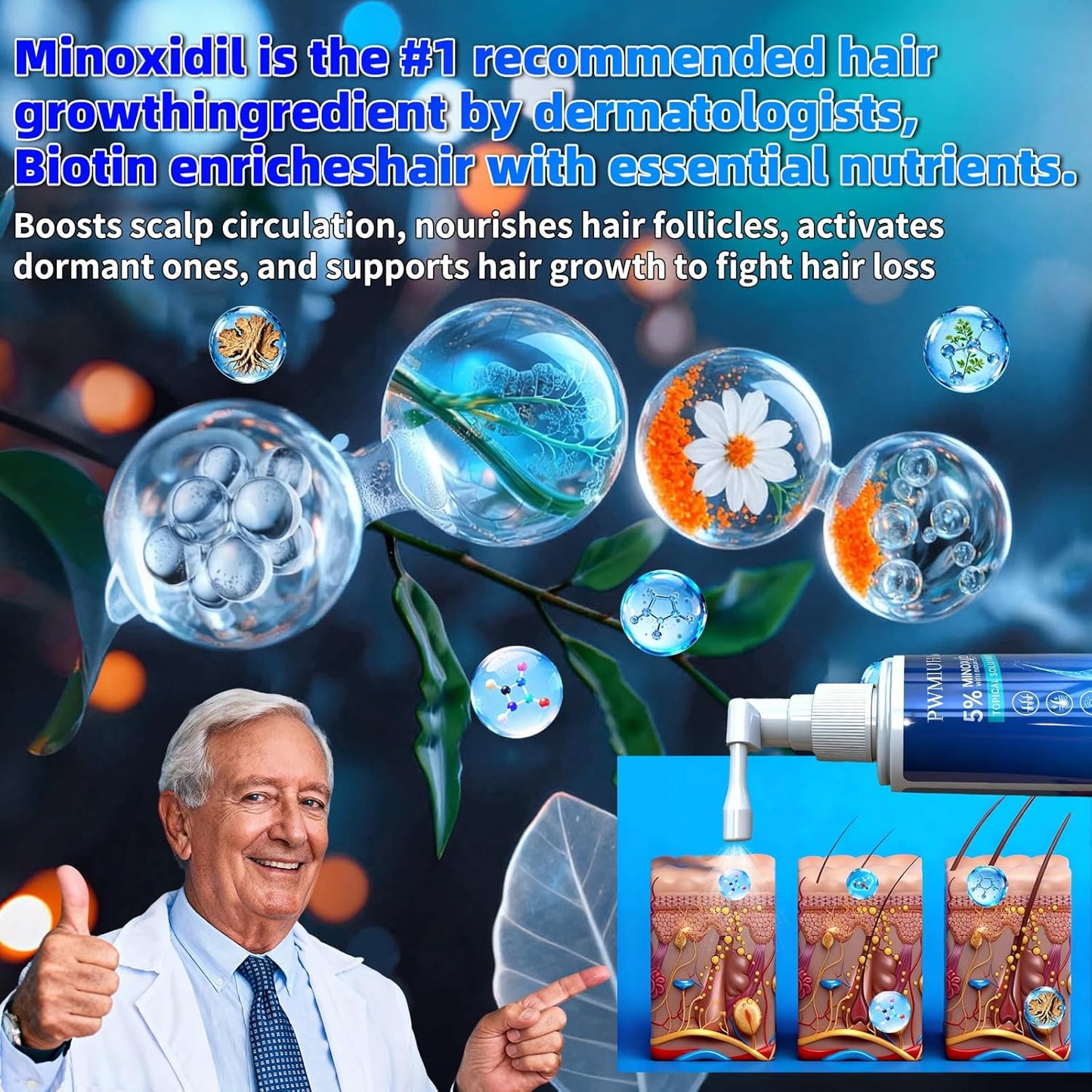 Minoxidil for Men and Women Hair Growth: 5% Minoxidil Spray Hair Regrowth Treatment Serum Stop Hair Thinning and Hair Loss For Stronger Thicker Longer Hair