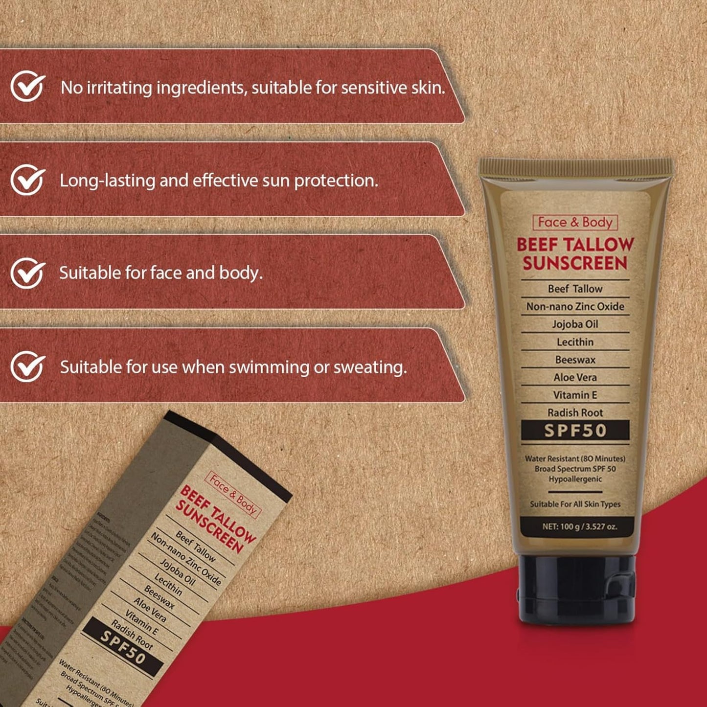 Beef Tallow Sunscreen for Face & Body - Natural Reef Safe Sunblock, Non Greasy Clean Formula, Travel-Friendly Summer Outdoor Sun Protection, 2.46 OZ