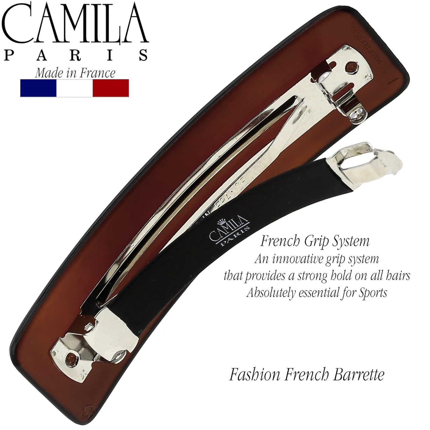 Camila Paris CP1475 French Hair Barrette Clip for Girls, Rubberized Automatic Clasp Strong Hold Grip Hair Clips for Women, No Slip and Durable Styling Girls Hair Accessories, Made in France