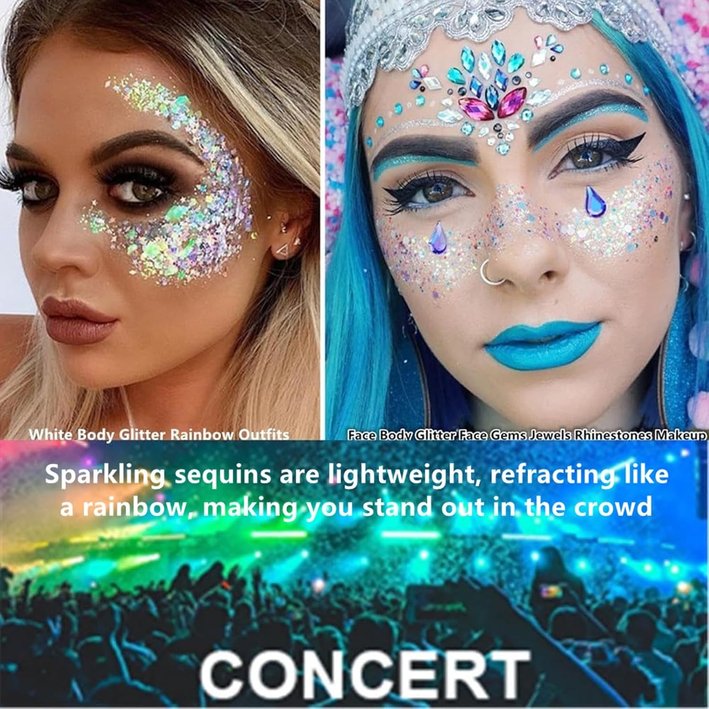Go Ho Silver and White Body Glitter Set,Singer Concerts Face Glitter Gel Makeup,Holographic Long Lasting Chunky Sequins Glitters for Eye Lip Hair Nails,Festival Rave Accessories,Silver&White
