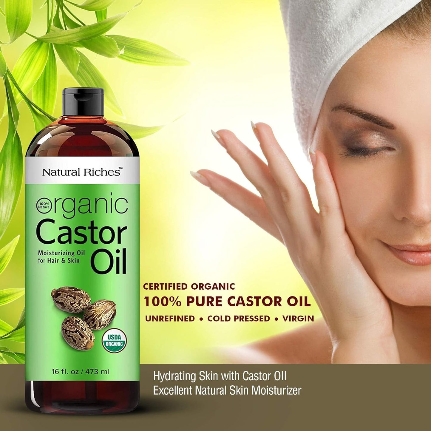Natural Riches Organic Castor Oil - Cold Pressed, USDA Certified for Hair Growth, Thicker Eyelashes, Eyebrows - Moisturizes Dry Skin and Hair, Helps with Dandruff - Hexane-Free, 16 fl. oz.