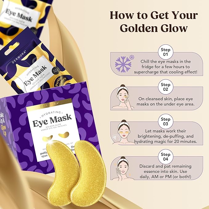 DERMORA Golden Glow Under Eye Patches (15 Pairs Eye Gels) - Rejuvenating Treatment for Dark Circles, Puffy Eyes, Refreshing, Revitalizing, Travel, Wrinkles