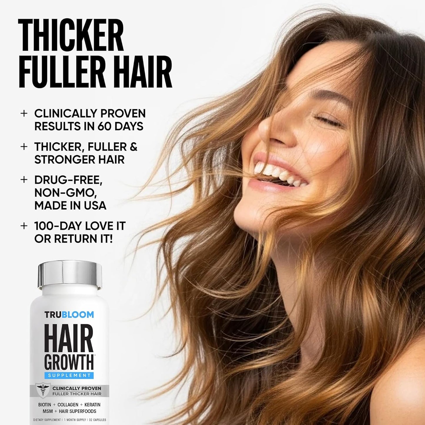 Tru Bloom Hair Growth Vitamins - 1 Month Supply. Clinically Proven to Grow Fuller, Thicker Hair. Drug-Free with Biotin, Collagen, Keratin, MSM, Zinc, D3 + Hair Superfoods