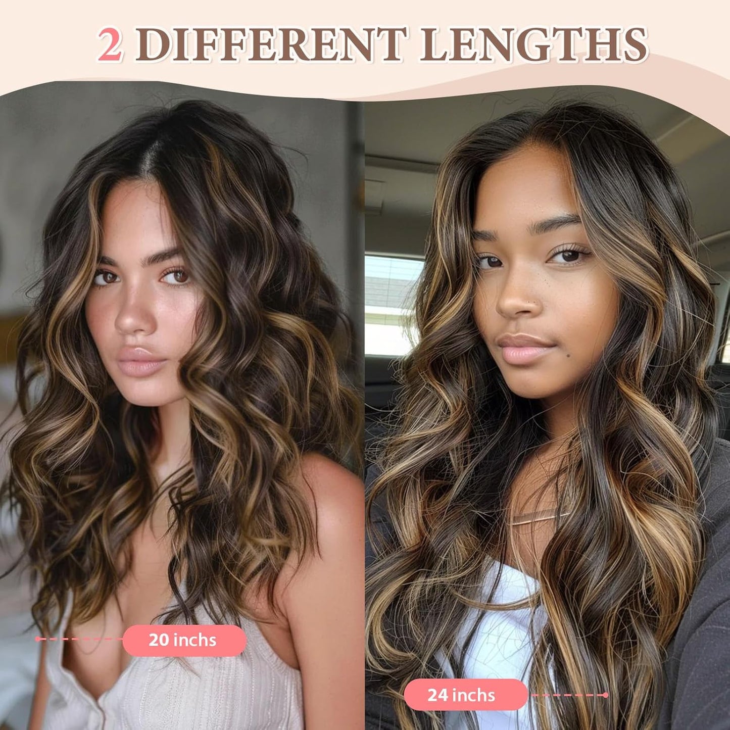 Synthetic Clip in Hair Extensions, 6PCS Natural &Soft Hair& Blends Well Lonng Wavy Hairpieces(20inch,6pcs, Black with Brown Highlights)