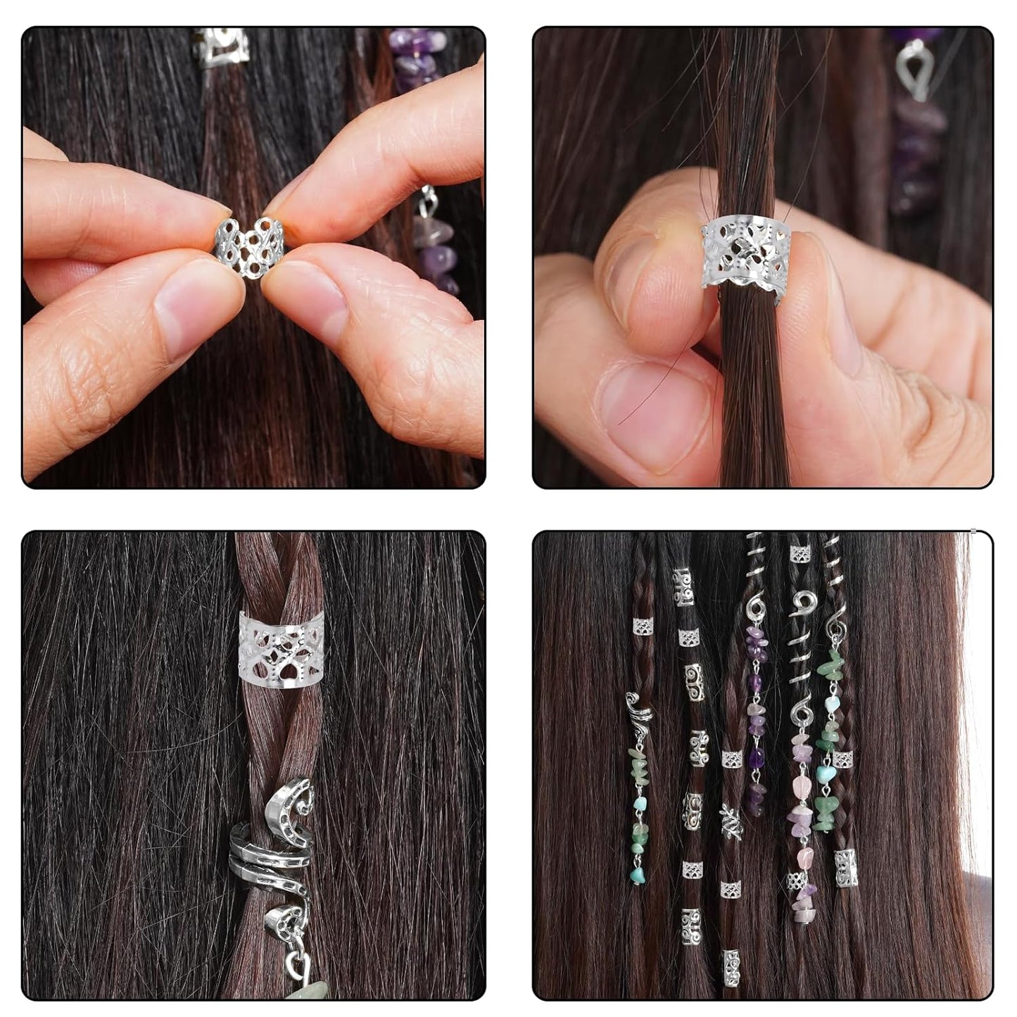 40Pcs Natural Colored Crystal Stone Hair Accessories, hoyuwak Metal Hair Charms, Silver Loc Dreadlock Spirals, Cuffs & Rings for Women's Hairstyles