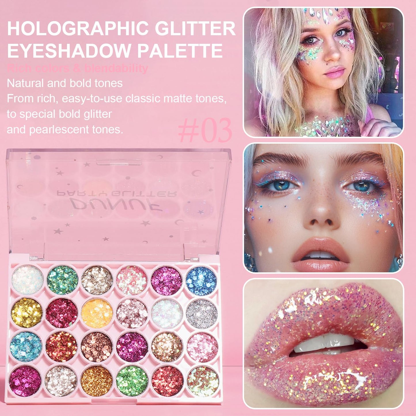 Glitter Eyeshadow Palette, 24 Colors Highly Pressed Pigmented Metallic Shimmer Sparkly Glitter Eyeshadow Makeup Pallet Palettes,Pink Blue Green Red Gold Purple Long Lasting Waterproof (24pcsC)