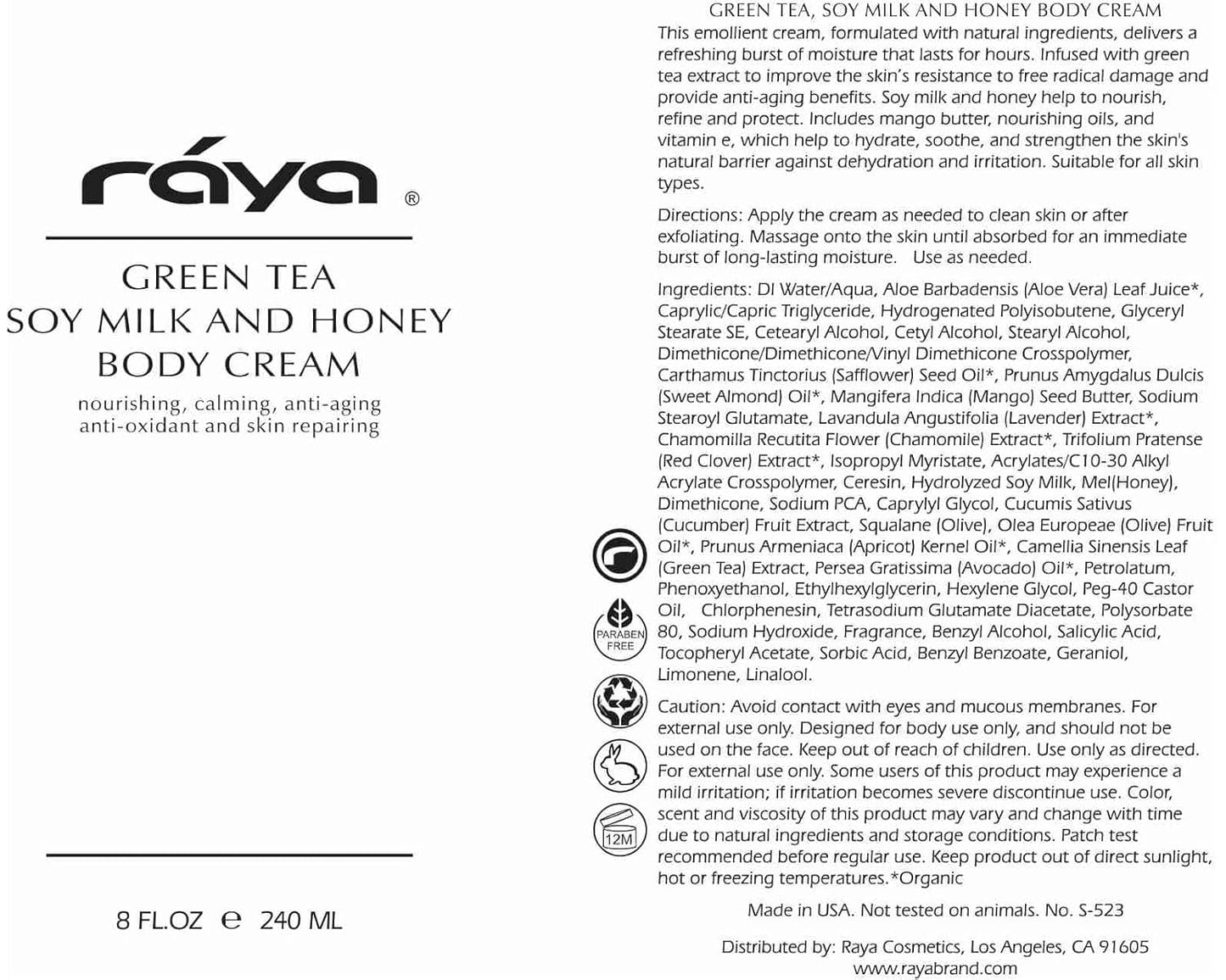 Raya Green Tea, Soy Milk, and Honey Body Cream 8 oz (S-523) | Nourishing, Calming, and Anti-Aging Body Cream | Protects and Refines Skin