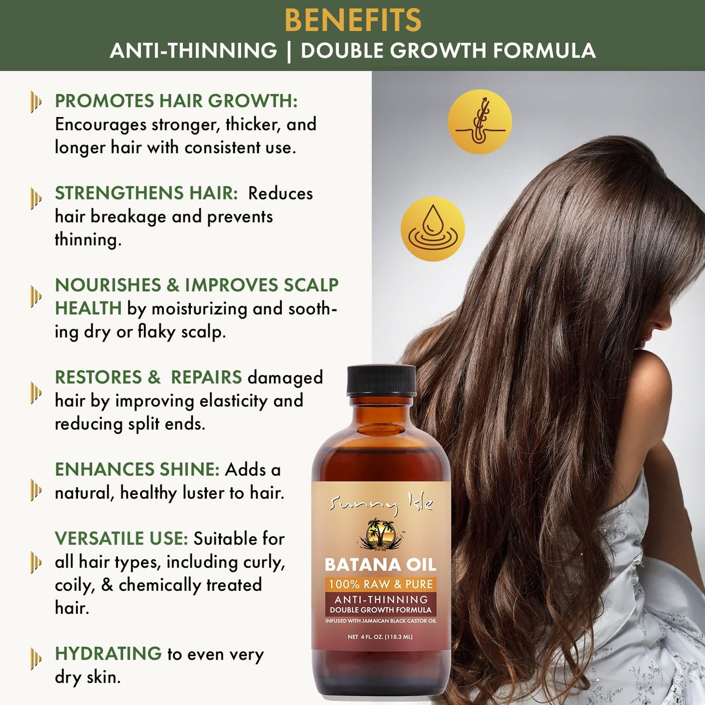 Sunny Isle Batana Oil Infused with Jamaican Black Castor Oil 4oz | Anti-Thinning Double Growth Formula