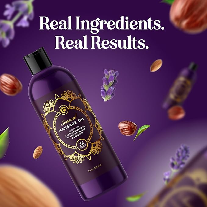 Aromatherapy Sensual Massage Oil for Couples - Relaxing Lavender Massaging Oil for Massage Therapy with Vitamin E Jojoba & Sweet Almond - Naturally Scented Vegan Non GMO & Gluten Free (8 Fl Oz)