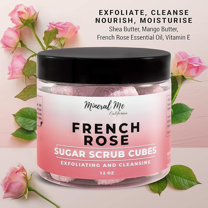 Body Scrub Exfoliator - 12oz FRENCH ROSE Sugar scrub cubes w/Mango Butter & Shea butter- Ultra Hydrating & Moisturizing - Natural & Organic for all body exfoliation- For hands, arms, legs & foot