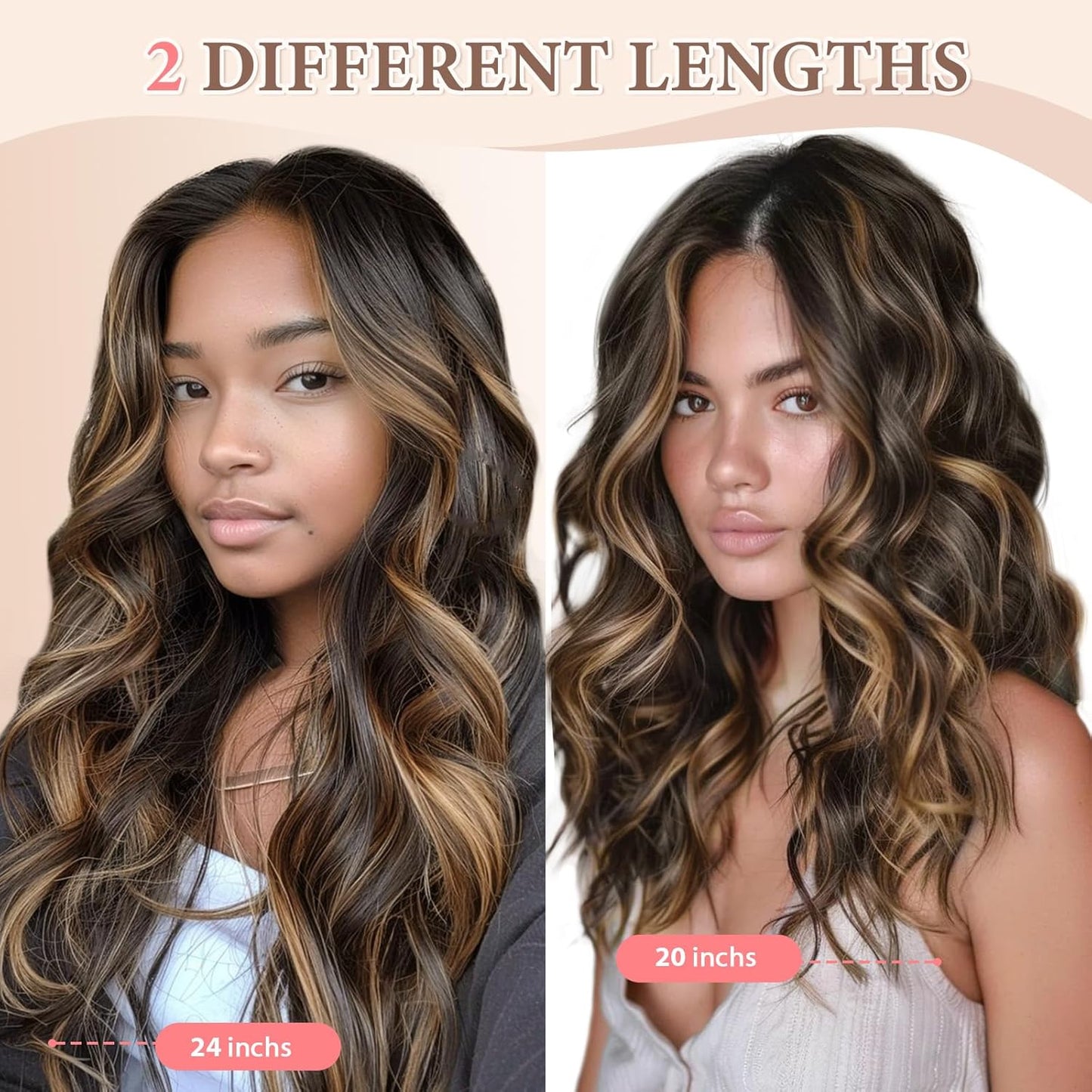 Clip in Hair Extensions for Women Black with Caramel Highlights Long Wavy Hair Extensions Clip Ins 6PCS 20 Inch Synthetic Soft and Natural Thick Hair Pieces for Women