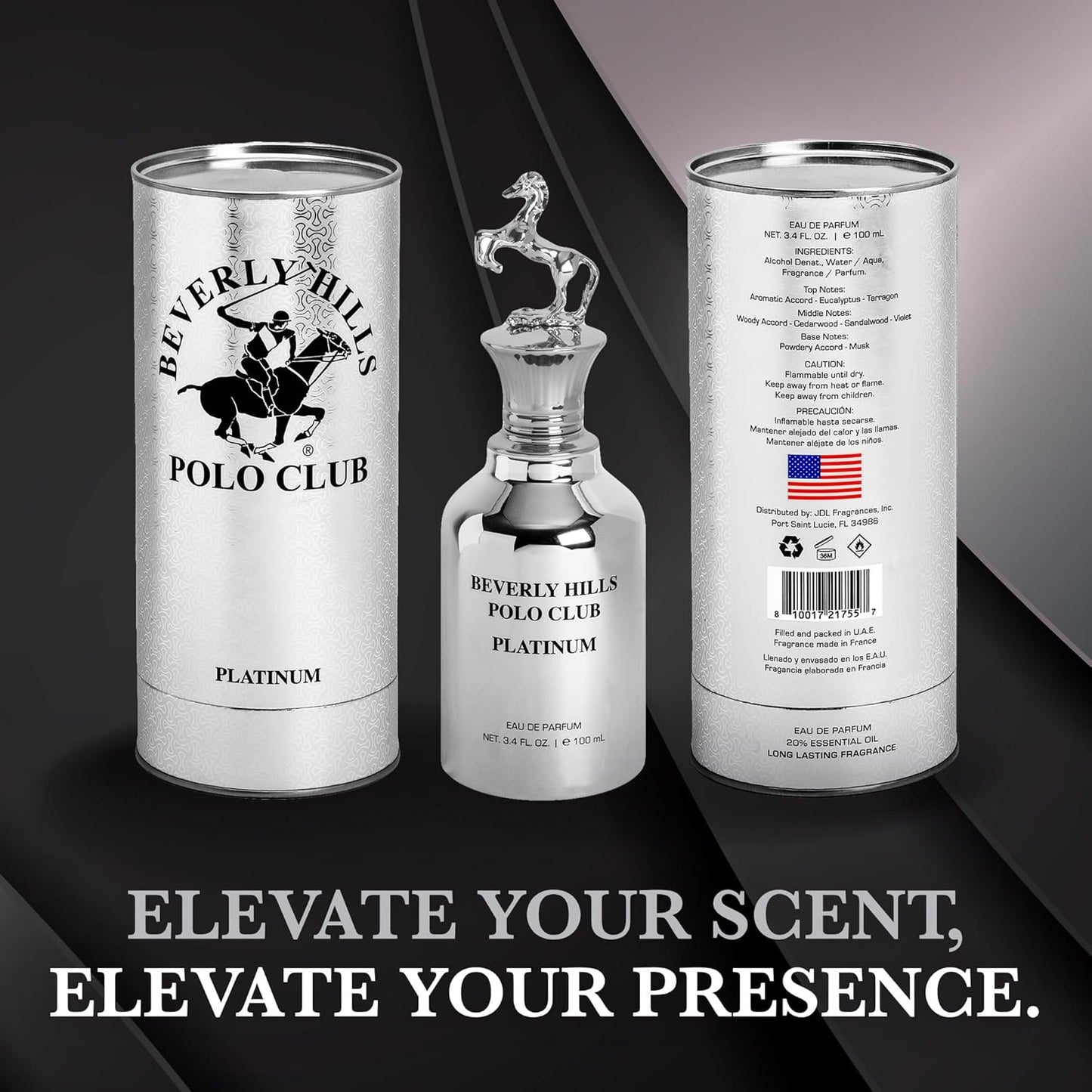 Beverly Hills Polo Club PLATINUM Eau de Parfum for Men - 3.4 Fl Oz Long-Lasting Fragrance with Iconic Metal Horse Cap & Premium Cylinder Box