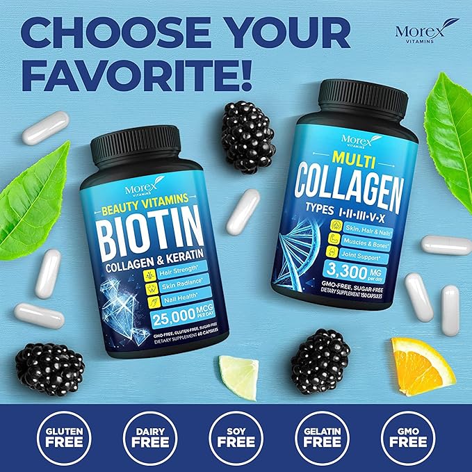 Biotin Keratin & Collagen Capsules - Made in USA - Natural Collagen, Keratin & Biotin for Hair Growth - Biotin & Collagen Vitamins with Multi Collagen Peptides for Hair Loss, Skin & Nails - 60 Caps