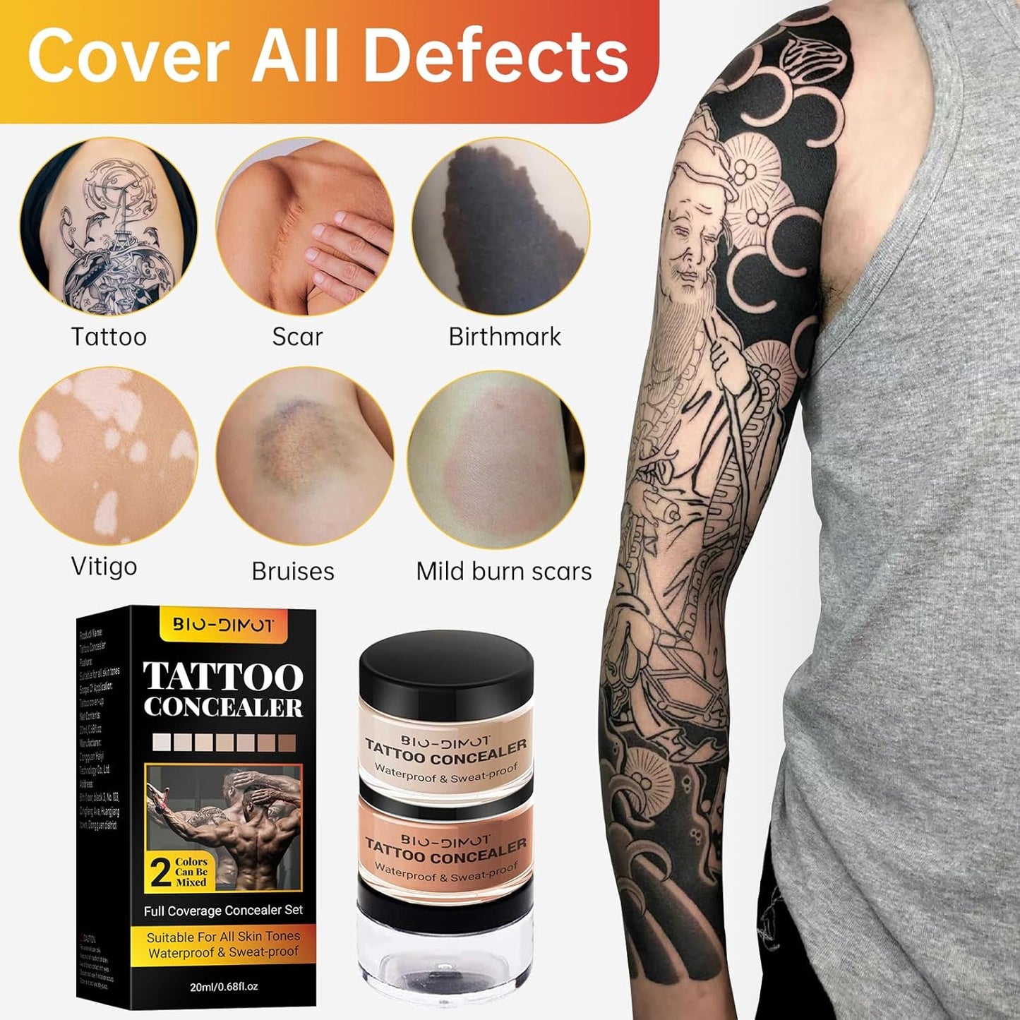 BIO-DIMOT Tattoo Cover Up, 2 Colors Waterproof & Sweatproof Tattoo Cover Up Makeup, Invisible & Natural, Skin-Friendly Body Makeup Suitable for Tattoos, Scars, Spots & Vitiligo (1PCS)