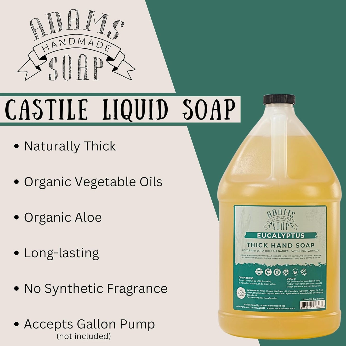 Adams Handmade Soap Thick Organic Castile Liquid Hand Soap 1 Gallon Refill - Eucalyptus