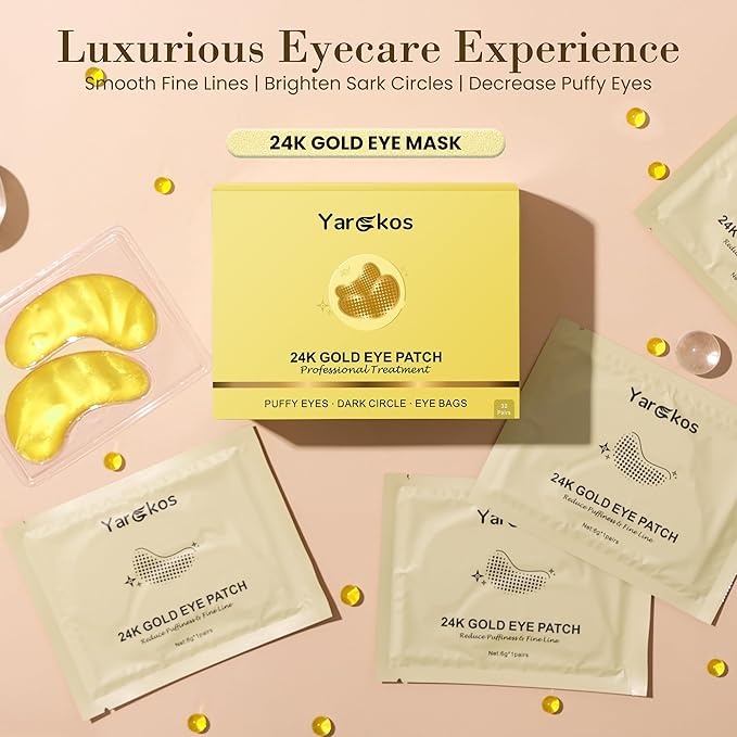 32 Pairs 24K Gold Under Eye Patches, Golden Cooling Hydrating Eye Mask for Dark Circles Puffiness Puffy Eyes, 32 Sets Anti Wrinkle Collagen Undereye Pad, Travel Beauty Skincare Face Gel
