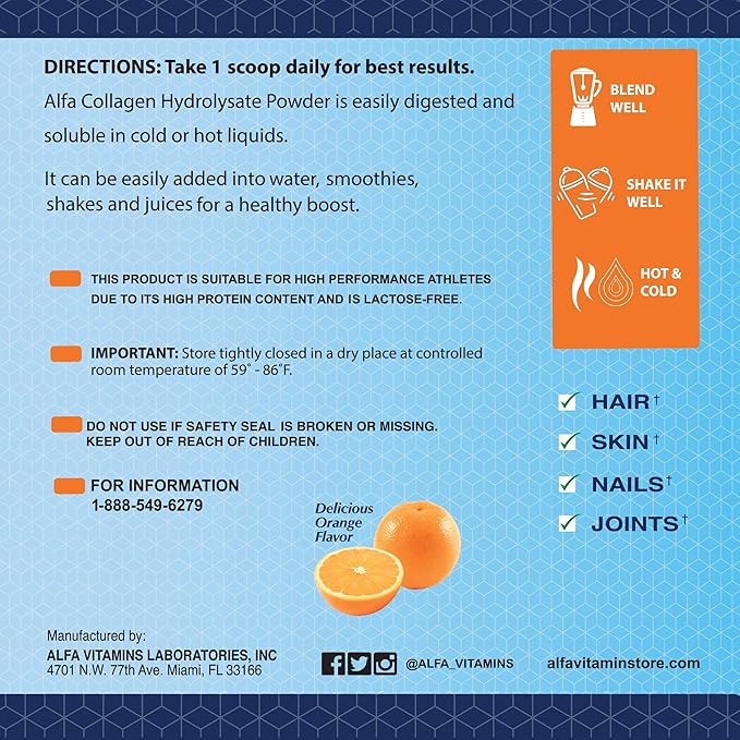 ALFA VITAMINS CollagenC Hydrolysate Peptides Powder Supplement with 1,000mg Vitamin C - Premium Quality Source of Nutrients - Skin, Hair, Nails, Immune Boost & Joints Support - Orange Flavor -11 OZ