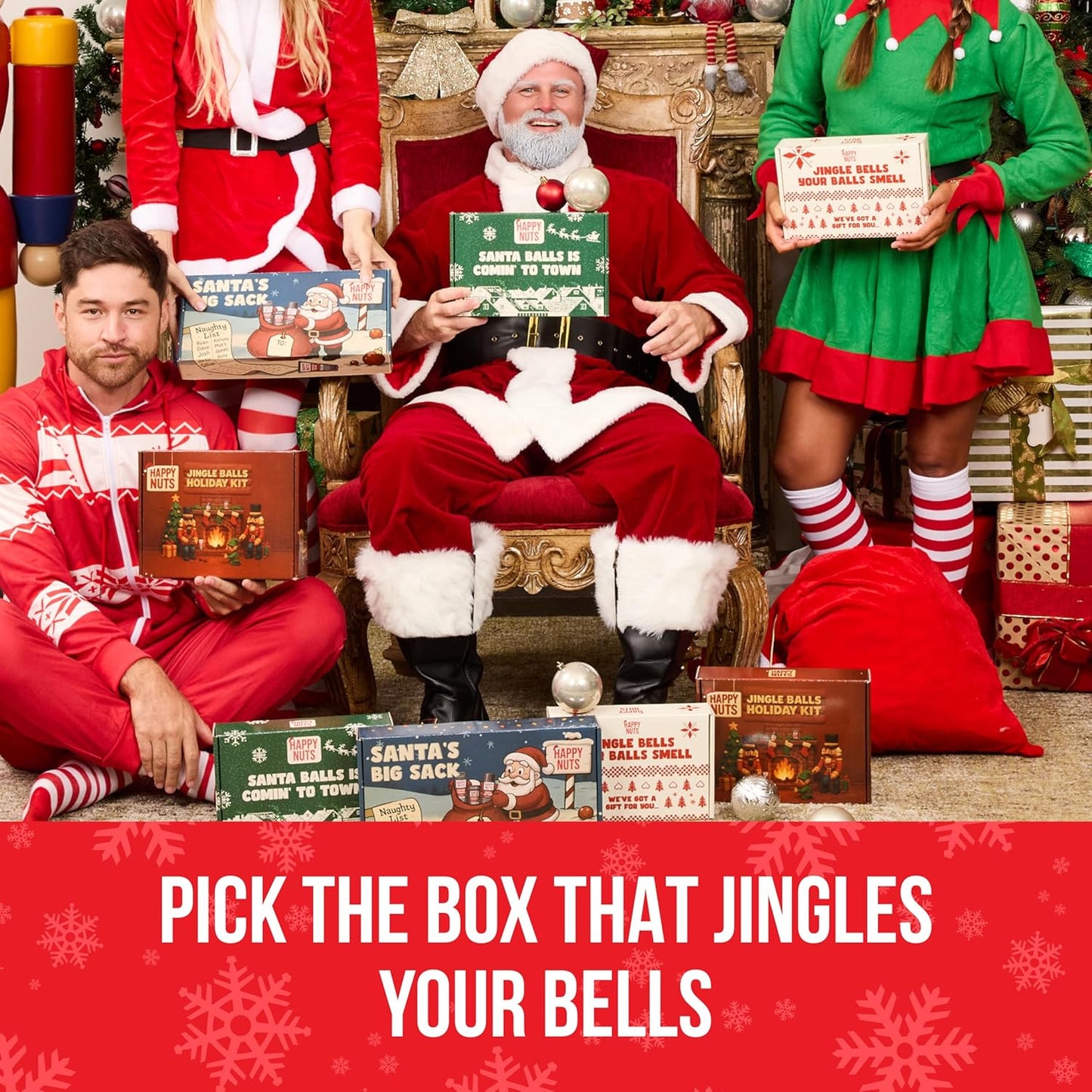 Happy Nuts Festive Holiday Gift Box for Men with Comfort Powder, Body Wash & Christmas Ornament - Ultimate Men's Care Package for Him & White Elephant Gift Idea