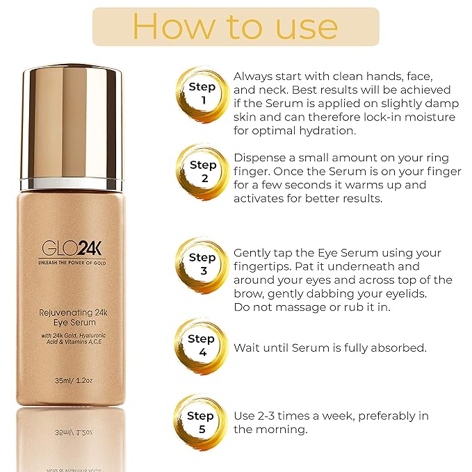 GLO24K Rejuvenating 24k Eye Cream and Serum With 24k Gold, Hyaluronic Acid, Vitamins A,C,E