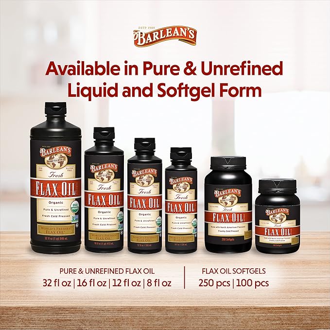 Barlean's Organic Flaxseed Oil Liquid, Cold Press Flax Seeds, 7,640mg ALA Omega 3 Fatty Acid Supplement for Joint and Heart Health & Healthy Digestion, 32 oz