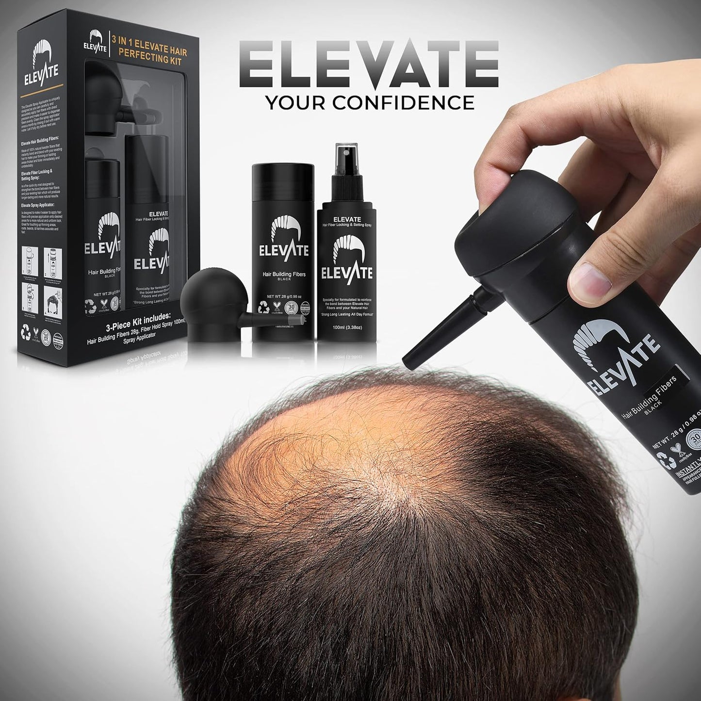 ELEVATE Hair Perfecting 3-in-1 Kit Set Includes Natural Hair Thickening Fibers & Spray Applicator Pump Nozzle & Locking Setting Hold Spray | Instantly Conceal Balding and Thinning Areas (Black)