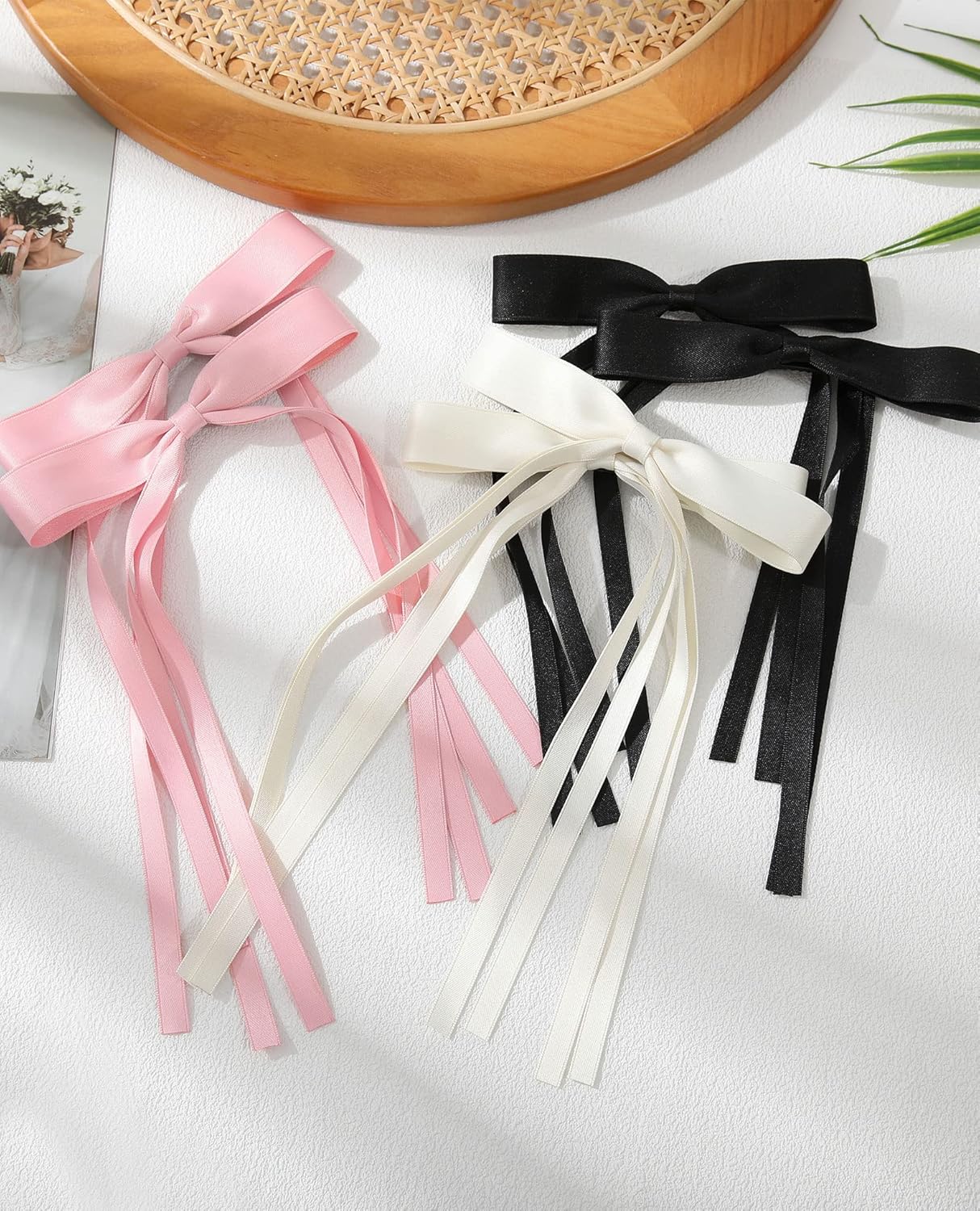 AWAYTR Silky Satin Hair Bow Clip, 3 Pack - Pink, Beige, Black (Long tail, Hair Accessory, Hair Securing, Women, All Ages, Hair Clip)