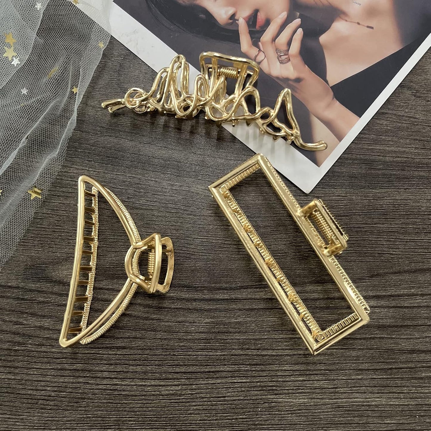 Mehayi 3 PCS Large Gold Metal Hair Claw Clips for Women Girls, Cute Alloy Big Hair Clamps Strong Hold for Thick Thin Hair, Fashion Hair Accessories Headwear Styling Tools for Party Wedding