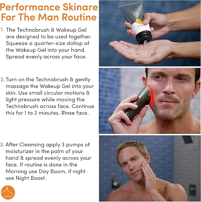 Dogface Deluxe Kit- Men's Red Light Facial Brush, Silicone Bristles Exfoliate & Cleanse, Hyaluronic Acid Moisturizes & Hydrates, Retinol Night Serum- Technobrush, Wakeup Gel, Day Boom & Night Boost