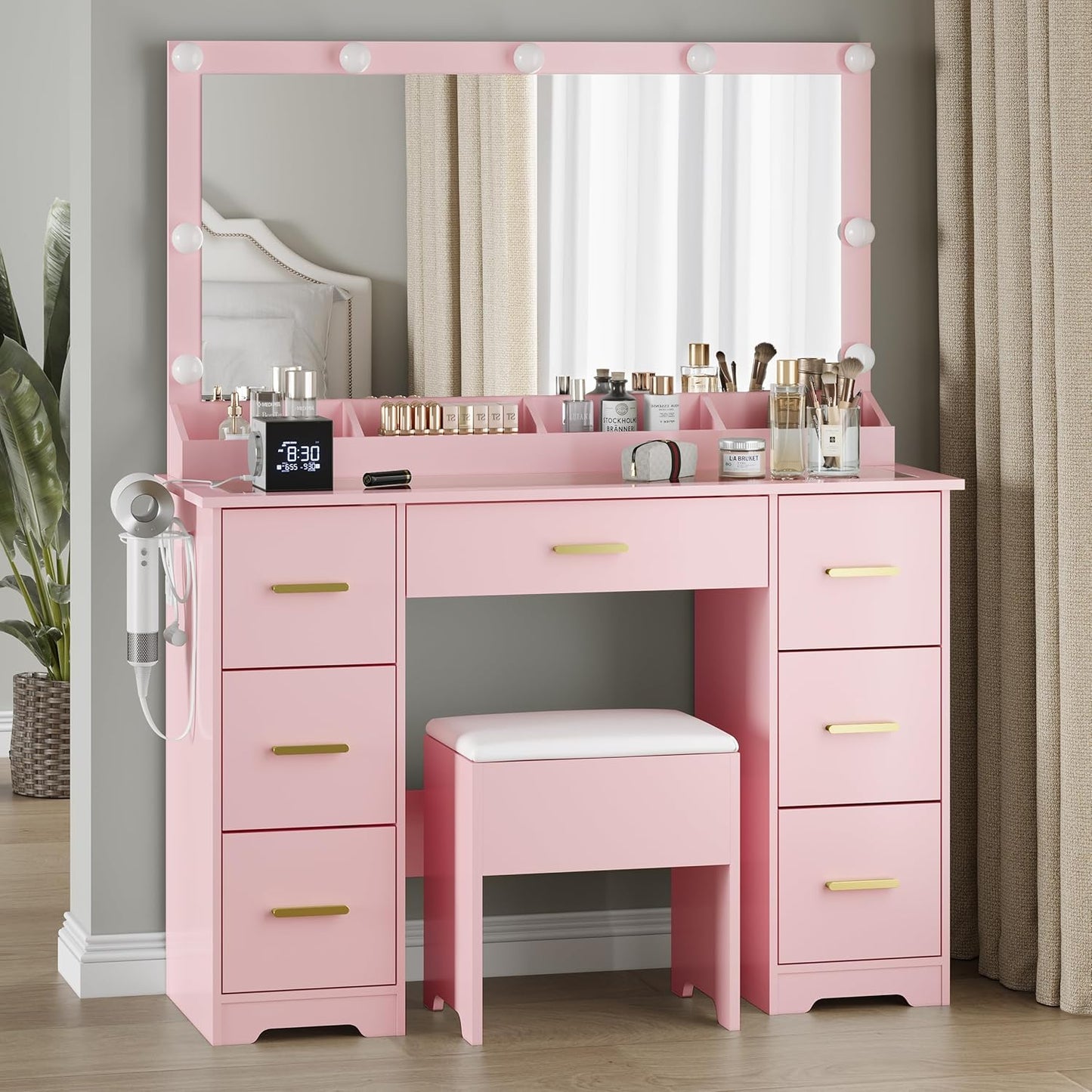 Makeup Vanity with Large Lighted Mirror and Chair, 7 Drawers Vanity Makeup Desk Table with Power Strip, Adjustable Lighting, and Cushioned Storage Stool for Women, Girls