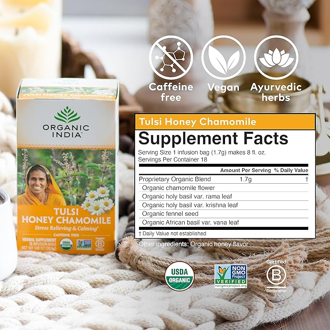 Organic India Tulsi Honey Chamomile Herbal Tea - Holy Basil, Stress Relieving & Calming, Immune Support, Adaptogen, Vegan, USDA Certified Organic, Caffeine-Free - 18 Infusion Bags, 1 Pack