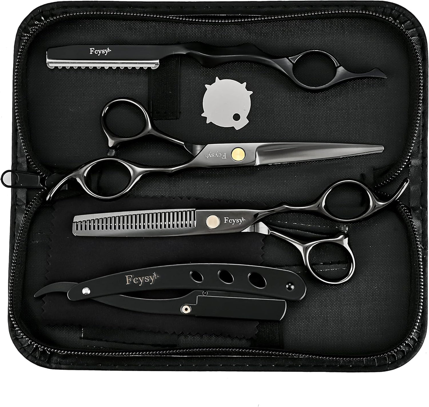 Hair Cutting Scissors Thinning Shears Kit for Haircutting, Fcysy Professional Barber Scissors Set, Black Haircut Scissor Blending Shears Straight Edge Razor Barber Supplies for Men Women
