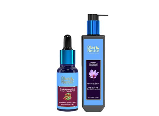 Blue Nectar Manjistha Vitamin C Face Serum for Anti Wrinkle & Skin Firming (1FlOz) with Kumkumadi Face Wash with with Saffron for Women & Men (3.38 Fl Oz)