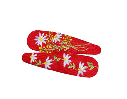 ETA Set of 2 Cute Handmade Embroidery Hair clips, Vintage Embroidered Flower Floral Gift Daughter, Teenager, Woman, Girlfriend, Wife, Unique Accessory, Red, HC14