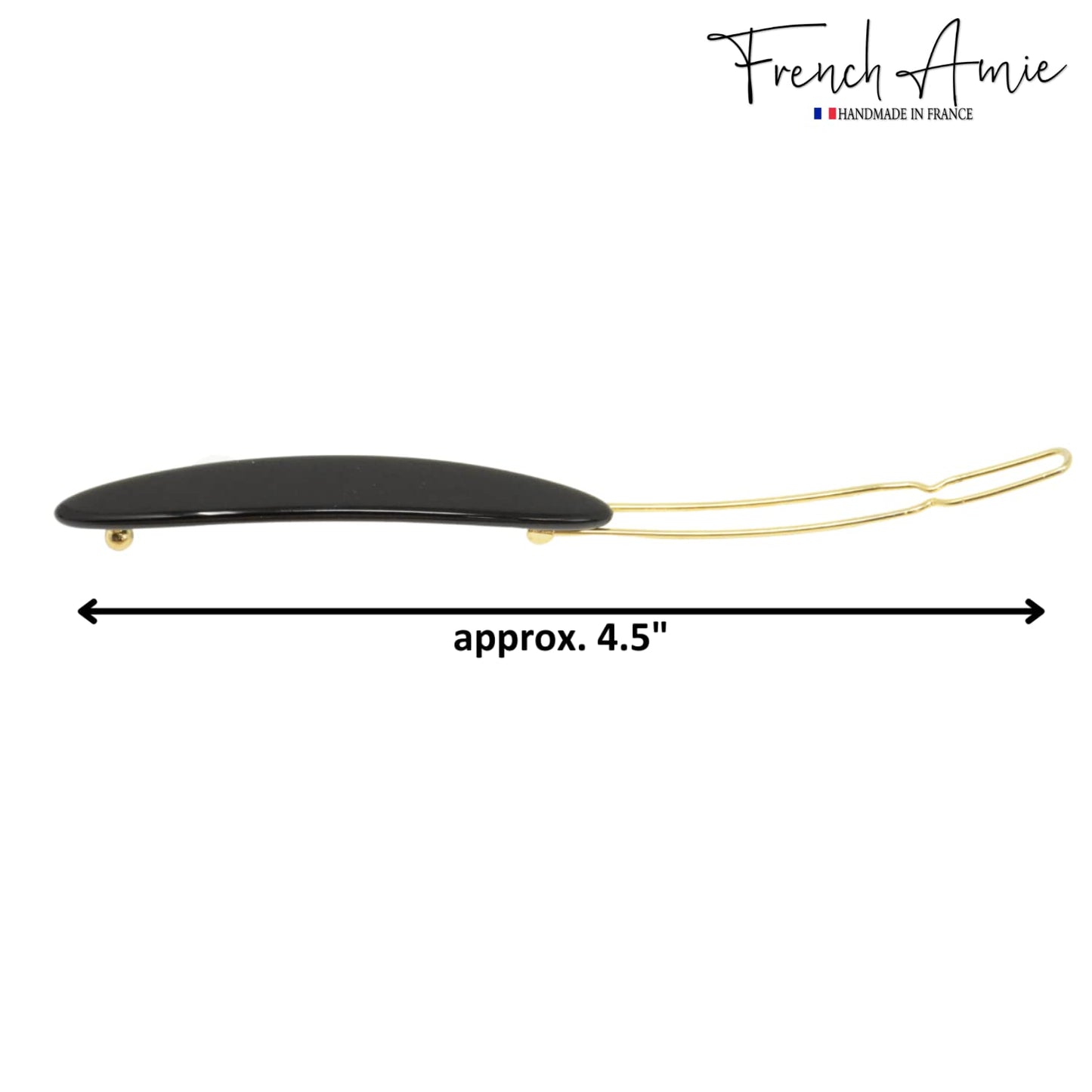 French Amie Narrow Oblong Small 2 1/4" Celluloid Acetate Set of 2 Side Slide In Hair Clip Barrettes with Tige Boule Clasp for Girls and Women, Made in France (Solid Black)