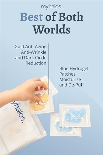 MyHalos Eye Masks for Dark Circles and Puffiness & Eye Patches for Wrinkles Duo- 24 Under Eye Patches for Puffy Eyes, Dark Circles - Eye Mask Skincare Eye Gel Pads - Under Eye Mask Patches Blue, Gold