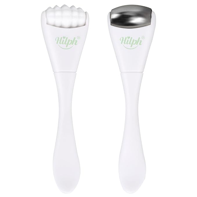 Hilph Mini Ice Roller for Face & Eyes, Face Eye Massager Roller Set with Stainless Steel and Silicone Head for Puffiness Relief, Massage Apparatus Metal Facial Ice Roller for Puffy Eyes (White)
