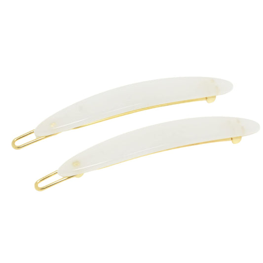 French Amie Narrow Oblong Small 2 1/4" Celluloid Acetate Set of 2 Side Slide In Hair Clip Barrettes with Tige Boule Clasp for Girls and Women, Made in France (Natural White)