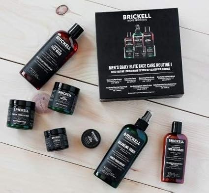 Brickell Men's Daily Elite Face Care Routine I, Toner, Gel Facial Wash, Face Scrub, Anti-Aging Night Cream, Eye Cream, Charcoal Mask and Moisturizer, Natural and Organic, Scented
